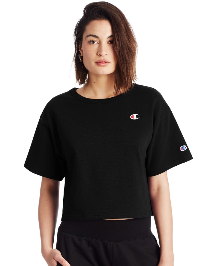 Champion Heritage Cropped C Logo - Naisten Mustat T-Paita - Suomi 4716580-OK